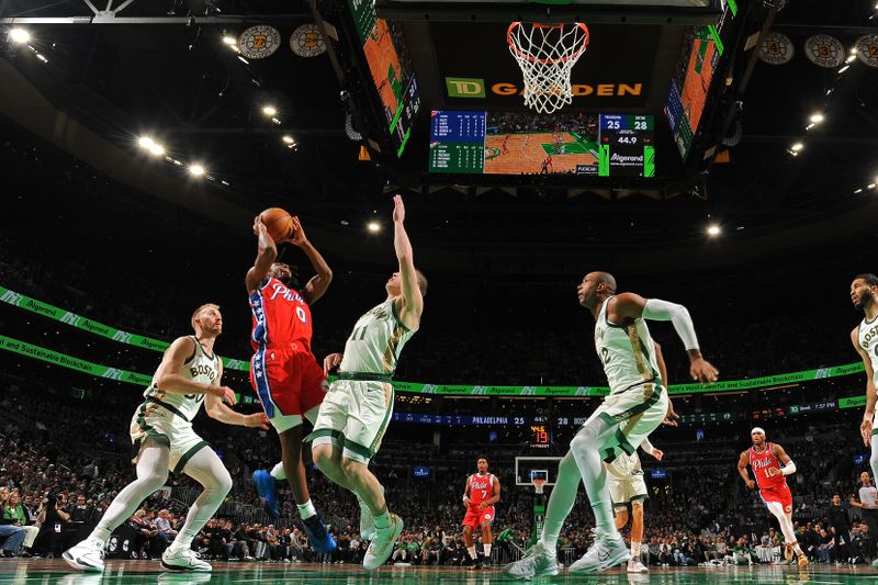 BOSTON, MA - FEBRUARY 27: Tyrese Maxey #0 of the Philadelphia 76ers drives to the basket during the game against the Boston Celtics on February 27, 2024 at the TD Garden in Boston, Massachusetts. NOTE TO USER: User expressly acknowledges and agrees that, by downloading and or using this photograph, User is consenting to the terms and conditions of the Getty Images License Agreement. Mandatory Copyright Notice: Copyright 2024 NBAE  (Photo by Brian Babineau/NBAE via Getty Images)