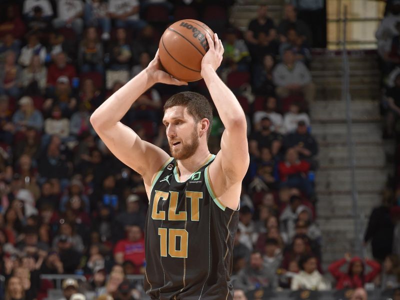 CLEVELAND, OH - APRIL 9: Svi Mykhailiuk #10 of the Charlotte Hornets handles the ball during the game against the Cleveland Cavaliers on April 9, 2023 at Rocket Mortgage FieldHouse in Cleveland, Ohio. NOTE TO USER: User expressly acknowledges and agrees that, by downloading and/or using this Photograph, user is consenting to the terms and conditions of the Getty Images License Agreement. Mandatory Copyright Notice: Copyright 2023 NBAE (Photo by David Liam Kyle/NBAE via Getty Images)