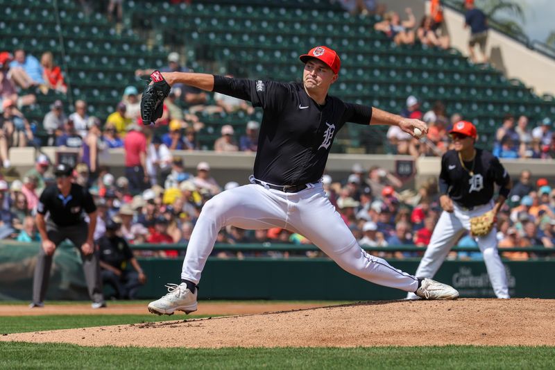 Mar 4, 2024; Lakeland, Florida, USA; Detroit Tigers starting pitcher Tarik Skubal (29) pitches during the first inning against the Boston Red Sox at Publix Field at Joker Marchant Stadium. Mandatory Credit: Mike Watters-USA TODAY Sports