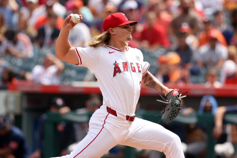 Sep 15, 2024; Anaheim, California, USA;  Los Angeles Angels starting pitcher Caden Dana (36) pitches during the first inning against the Houston Astros at Angel Stadium. Mandatory Credit: Kiyoshi Mio-Imagn Images