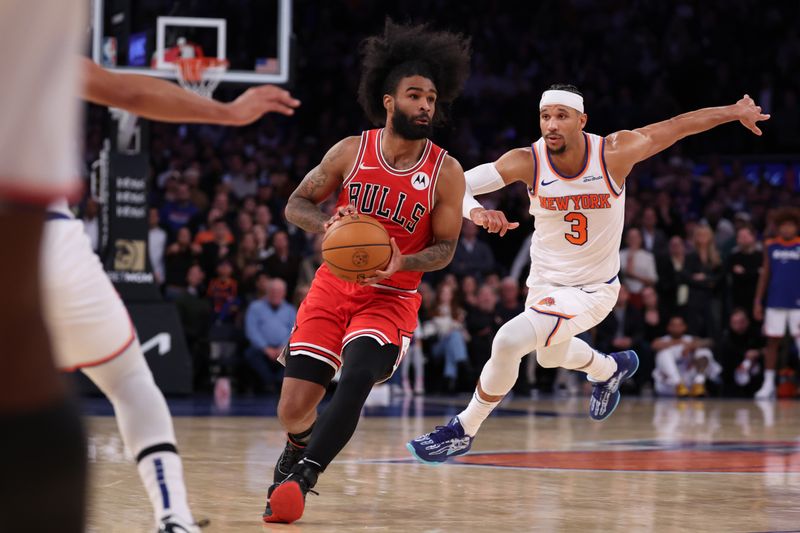 NEW YORK, NEW YORK - NOVEMBER 13: Coby White #0 of the Chicago Bulls is fouled by Josh Hart #3 of the New York Knicks in the final second of the fourth quarter at Madison Square Garden on November 13, 2024 in New York City. NOTE TO USER: User expressly acknowledges and agrees that, by downloading and or using this photograph, User is consenting to the terms and conditions of the Getty Images License Agreement.  (Photo by Elsa/Getty Images)