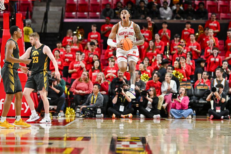 Feb 14, 2024; College Park, Maryland, USA;  Maryland Terrapins guard DeShawn Harris-Smith (5) reacts after a call during the second half against the Iowa Hawkeyes at Xfinity Center. Mandatory Credit: Tommy Gilligan-USA TODAY Sports