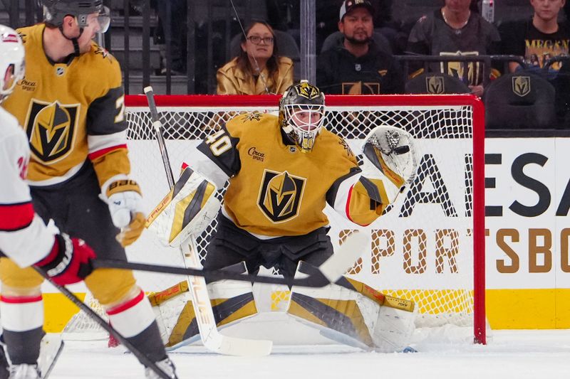 Nov 11, 2024; Las Vegas, Nevada, USA; Vegas Golden Knights goaltender Akira Schmid (40) makes a glove save against the Carolina Hurricanes during the second period at T-Mobile Arena. Mandatory Credit: Stephen R. Sylvanie-Imagn Images