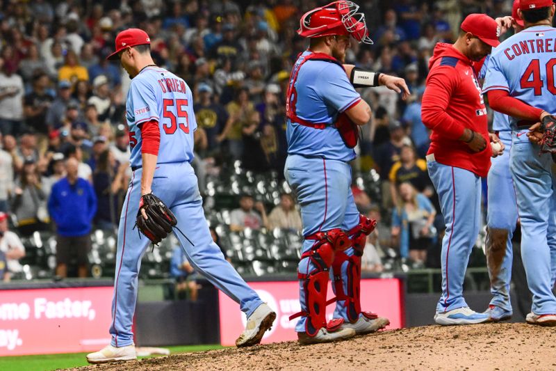 Sep 13, 2025; Milwaukee, Wisconsin, USA; St. Louis Cardinals pitcher Riley O'Brien (55) walks off the mound during a pitching change in the ninth inning Milwaukee Brewers at American Family Field. Mandatory Credit: Benny Sieu-Imagn Images