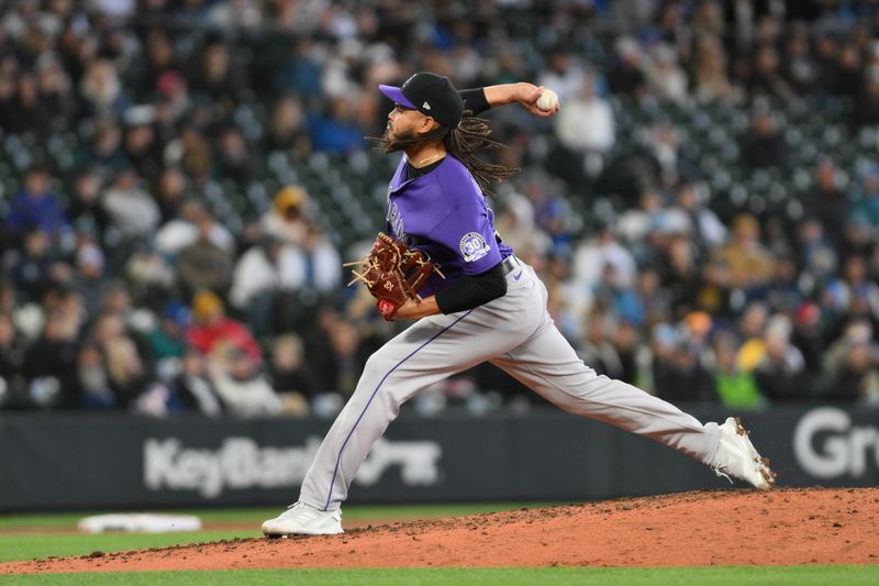 Apr 16, 2023; Seattle, Washington, USA; Colorado Rockies relief pitcher Dinelson Lamet (32) pitches to the Seattle Mariners during the sixth inning at T-Mobile Park. Mandatory Credit: Steven Bisig-USA TODAY Sports