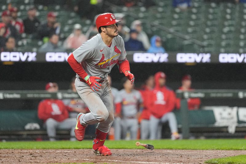 May 28, 2025; Baltimore, Maryland, USA; St. Louis Cardinals third baseman Nolan Arenado (28) runs out a single against the Baltimore Orioles during the fifth inning at Oriole Park at Camden Yards. Mandatory Credit: Gregory Fisher-Imagn Images