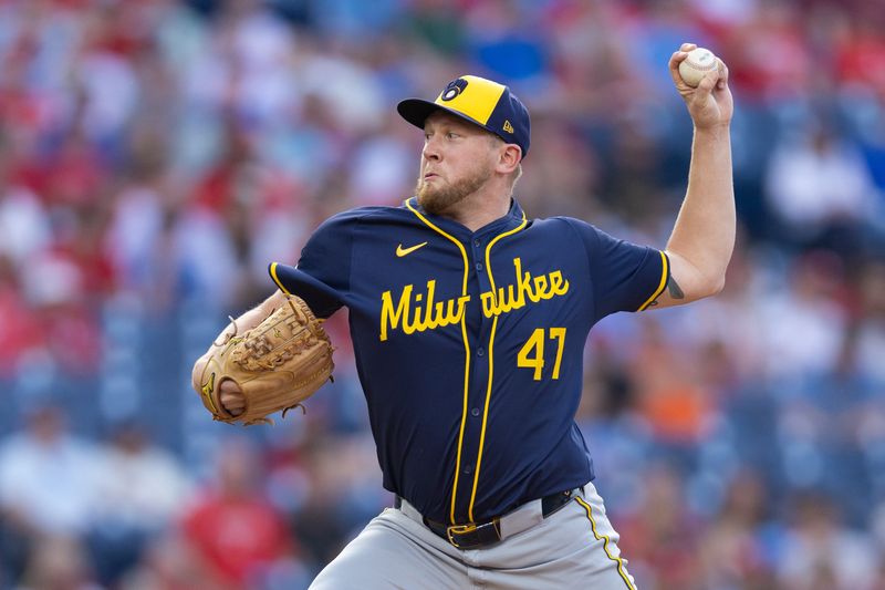 Jun 4, 2024; Philadelphia, Pennsylvania, USA; Milwaukee Brewers pitcher Jared Koenig (47) throws a pitch during the first inning against the Philadelphia Phillies at Citizens Bank Park. Mandatory Credit: Bill Streicher-USA TODAY Sports