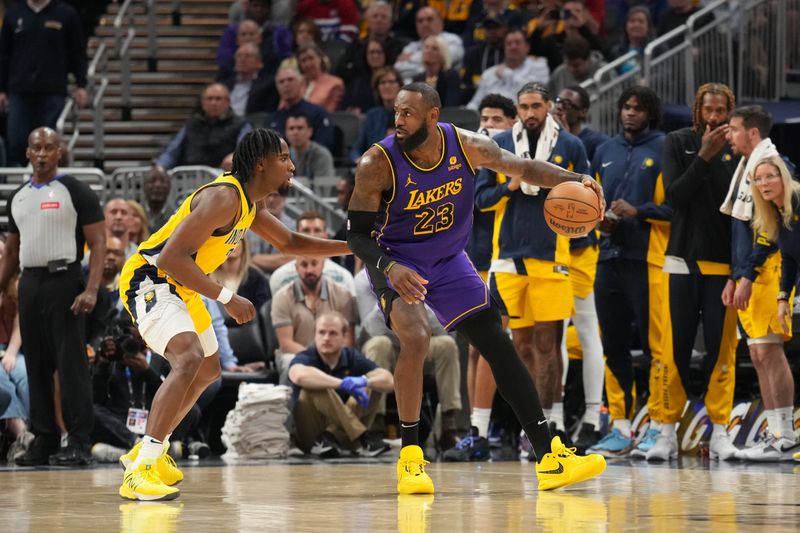 INDIANAPOLIS, IN - MARCH 29: LeBron James #23 of the Los Angeles Lakers dribbles the ball during the game against the Indiana Pacers on March 24, 2024 at Gainbridge Fieldhouse in Indianapolis, Indiana. NOTE TO USER: User expressly acknowledges and agrees that, by downloading and or using this Photograph, user is consenting to the terms and conditions of the Getty Images License Agreement. Mandatory Copyright Notice: Copyright 2024 NBAE (Photo by Jesse D. Garrabrant /NBAE via Getty Images)