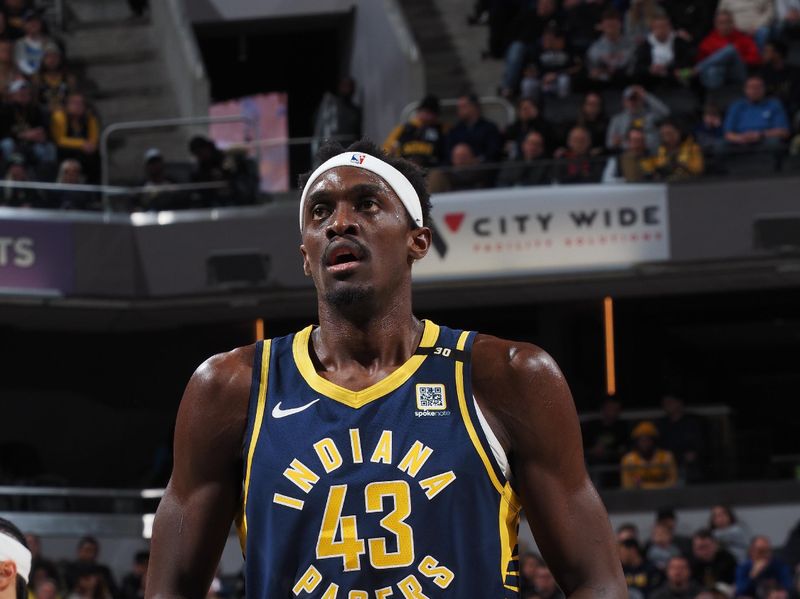 INDIANAPOLIS, IN - JANUARY 23: Pascal Siakam #43 of the Indiana Pacers prepares to shoot a free throw during the game against the Denver Nuggets on January 23, 2024 at Gainbridge Fieldhouse in Indianapolis, Indiana. NOTE TO USER: User expressly acknowledges and agrees that, by downloading and or using this Photograph, user is consenting to the terms and conditions of the Getty Images License Agreement. Mandatory Copyright Notice: Copyright 2024 NBAE (Photo by Ron Hoskins/NBAE via Getty Images)