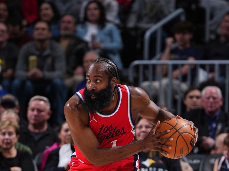 DENVER, CO - DECEMBER 13: James Harden #1 of the LA Clippers handles the ball during the game against the Denver Nuggets on December 13, 2024 at Ball Arena in Denver, Colorado. NOTE TO USER: User expressly acknowledges and agrees that, by downloading and/or using this Photograph, user is consenting to the terms and conditions of the Getty Images License Agreement. Mandatory Copyright Notice: Copyright 2024 NBAE (Photo by Garrett Ellwood/NBAE via Getty Images)