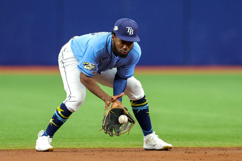 Aug 13, 2023; St. Petersburg, Florida, USA;  Tampa Bay Rays shortstop Oslevivis Basabe (37) fields the ball against the Cleveland Guardians in the second inning at Tropicana Field. Mandatory Credit: Nathan Ray Seebeck-USA TODAY Sports