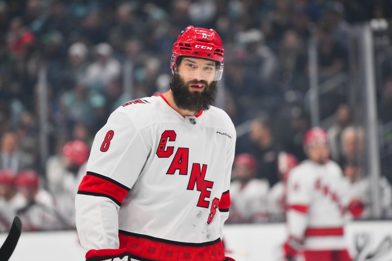 Oct 26, 2024; Seattle, Washington, USA; Carolina Hurricanes defenseman Brent Burns (8) during the first period against the Seattle Kraken at Climate Pledge Arena. Mandatory Credit: Steven Bisig-Imagn Images