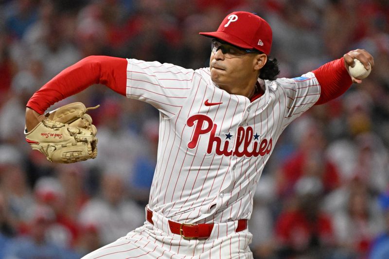 Aug 31, 2025; Philadelphia, Pennsylvania, USA;  Philadelphia Phillies pitcher Jesús Luzardo (44) throws a pitch during the third inning against the Atlanta Braves at Citizens Bank Park. Mandatory Credit: Eric Hartline-Imagn Images