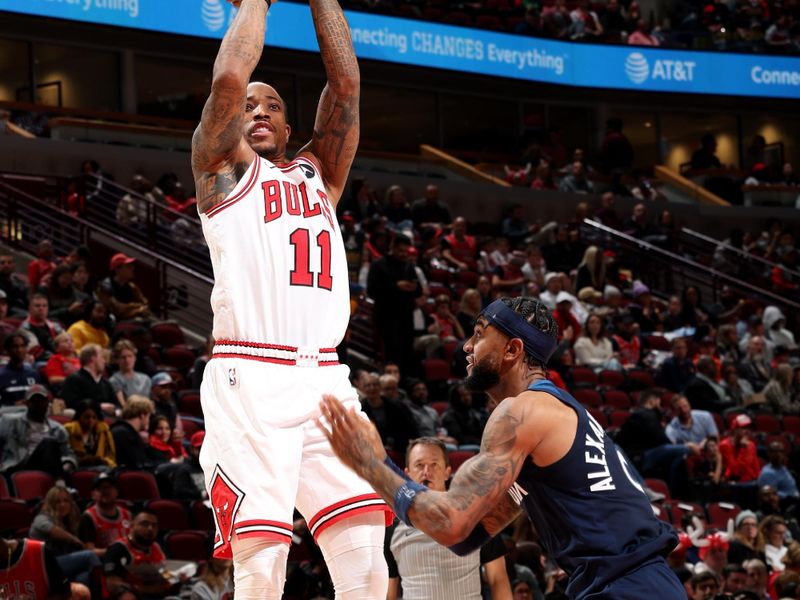 CHICAGO, IL - OCTOBER 19: DeMar DeRozan #11 of the Chicago Bulls shoots the ball during the game against the Minnesota Timberwolves on October 19, 2023 at United Center in Chicago, Illinois. NOTE TO USER: User expressly acknowledges and agrees that, by downloading and or using this photograph, User is consenting to the terms and conditions of the Getty Images License Agreement. Mandatory Copyright Notice: Copyright 2023 NBAE (Photo by Jeff Haynes/NBAE via Getty Images)