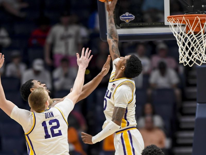 Mar 14, 2024; Nashville, TN, USA;  ]LSU Tigers forward Derek Fountain (20) blocks the shot of Mississippi State Bulldogs guard Dashawn Davis (10) during the second half at Bridgestone Arena. Mandatory Credit: Steve Roberts-USA TODAY Sports