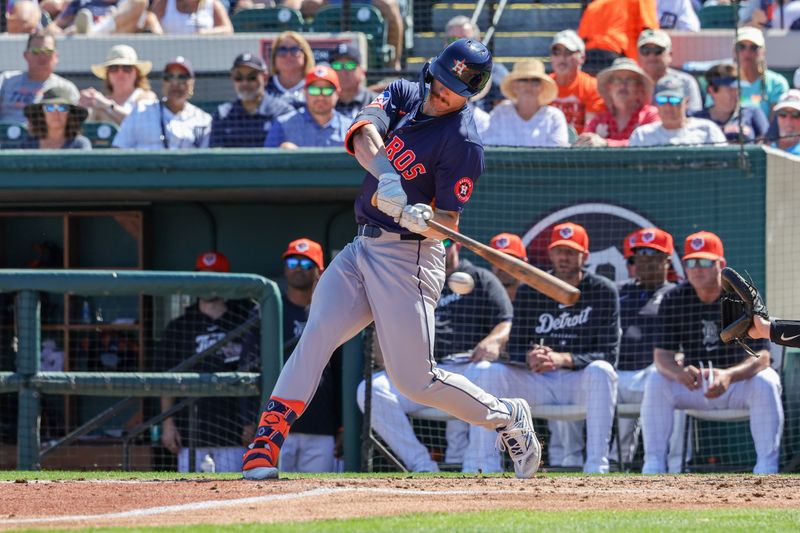 Feb 26, 2024; Lakeland, Florida, USA; Houston Astros designated hitter Jacob Melton (76) bats during the third inning against the Detroit Tigers at Publix Field at Joker Marchant Stadium. Mandatory Credit: Mike Watters-USA TODAY Sports