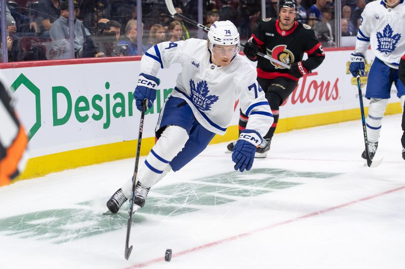 Sep 24, 2024; Ottawa, Ontario, CAN; Toronto Maple Leafs center Bobby McMann (74) skates with the puck in the first period against the Ottawa Senators at the Canadian Tire Centre. Mandatory Credit: Marc DesRosiers-Imagn Images