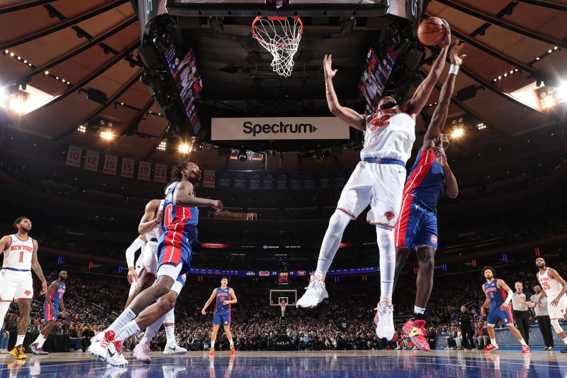 NEW YORK, NY - JANUARY 13: Karl-Anthony Towns #32 of the New York Knicks goes up for the rebound during the game against the Detroit Pistons on January 13, 2025 at Madison Square Garden in New York City, New York.  NOTE TO USER: User expressly acknowledges and agrees that, by downloading and or using this photograph, User is consenting to the terms and conditions of the Getty Images License Agreement. Mandatory Copyright Notice: Copyright 2025 NBAE  (Photo by Nathaniel S. Butler/NBAE via Getty Images)