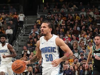 INDIANAPOLIS, IN - DECEMBER 23:  Cole Anthony #50 of the Orlando Magic handles the ball during the game against the Indiana Pacers on December 23, 2023 at Gainbridge Fieldhouse in Indianapolis, Indiana. NOTE TO USER: User expressly acknowledges and agrees that, by downloading and or using this Photograph, user is consenting to the terms and conditions of the Getty Images License Agreement. Mandatory Copyright Notice: Copyright 2023 NBAE (Photo by Pepper Robinson/NBAE via Getty Images)