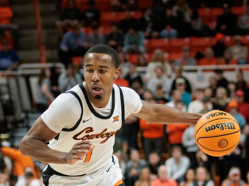 Nov 30, 2023; Stillwater, Oklahoma, USA; Oklahoma State Cowboys guard Bryce Thompson (1) drives to the basket against the Creighton Bluejays during the first half at Gallagher-Iba Arena. Mandatory Credit: William Purnell-USA TODAY Sports