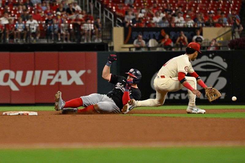 Jul 27, 2024; St. Louis, Missouri, USA; Washington Nationals first baseman Juan Yepez (18) is safe from St. Louis Cardinals shortstop Masyn Winn (0) after hitting an RBI double during the seventh inning at Busch Stadium. Mandatory Credit: Jeff Le-USA TODAY Sports