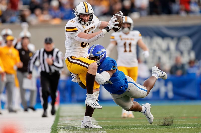 Oct 14, 2023; Colorado Springs, Colorado, USA; Wyoming Cowboys tight end Treyton Welch (81) is pushed out of bounds by Wyoming Cowboys linebacker Micah Young (44) in the second quarter at Falcon Stadium. Mandatory Credit: Isaiah J. Downing-USA TODAY Sports