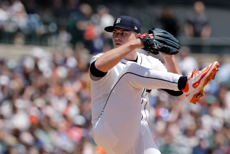 May 25, 2025; Detroit, Michigan, USA;  Detroit Tigers pitcher Tarik Skubal (29) pitches in the ninth inning against the Cleveland Guardians at Comerica Park. Mandatory Credit: Rick Osentoski-Imagn Images