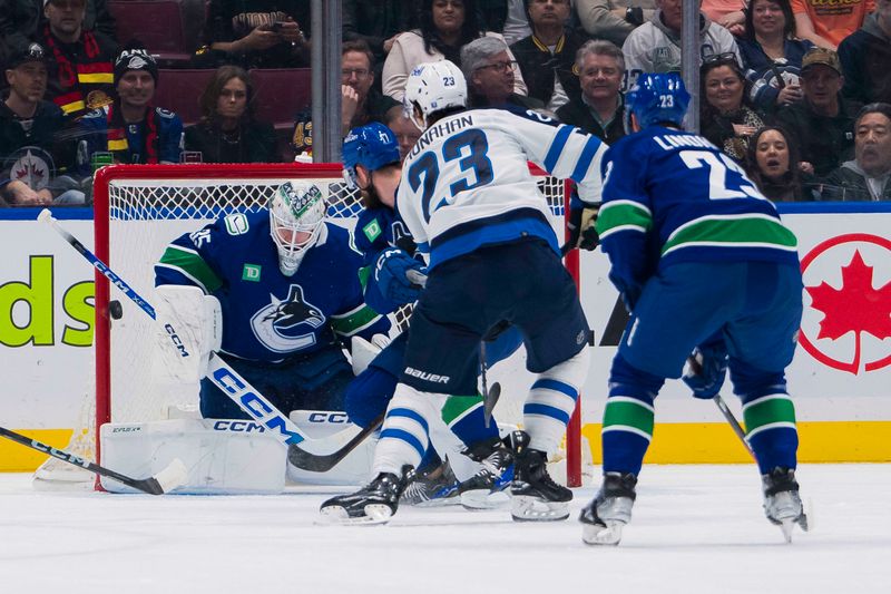 Feb 17, 2024; Vancouver, British Columbia, CAN; Winnipeg Jets forward Sean Monahan (23) scores on Vancouver Canucks goalie Thatcher Demko (35) in the second period at Rogers Arena. Mandatory Credit: Bob Frid-USA TODAY Sports