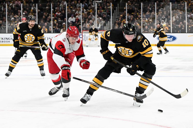 Nov 17, 2025; Boston, Massachusetts, USA; Carolina Hurricanes defenseman Alexander Nikishin (21) defends Boston Bruins left wing Riley Tufte (10) during the first period at the TD Garden. Mandatory Credit: Brian Fluharty-Imagn Images