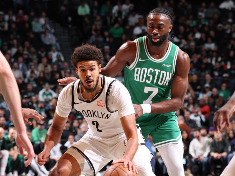 BROOKLYN, NY - NOVEMBER 13: Cameron Johnson #2 of the Brooklyn Nets dribbles the ball during the game against the Boston Celtics on November 13, 2024 at Barclays Center in Brooklyn, New York. NOTE TO USER: User expressly acknowledges and agrees that, by downloading and or using this Photograph, user is consenting to the terms and conditions of the Getty Images License Agreement. Mandatory Copyright Notice: Copyright 2024 NBAE (Photo by Jeff Haynes/NBAE via Getty Images)