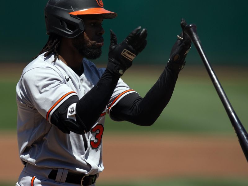 Aug 20, 2023; Oakland, California, USA; Baltimore Orioles center fielder Cedric Mullins (31) reacts to being called out on strikes against the Oakland Athletics during the first inning at Oakland-Alameda County Coliseum. Mandatory Credit: D. Ross Cameron-USA TODAY Sports