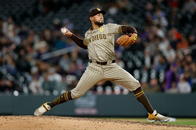 Apr 22, 2024; Denver, Colorado, USA; San Diego Padres relief pitcher Robert Suarez (75) pitches in the ninth inning against the Colorado Rockies at Coors Field. Mandatory Credit: Isaiah J. Downing-USA TODAY Sports