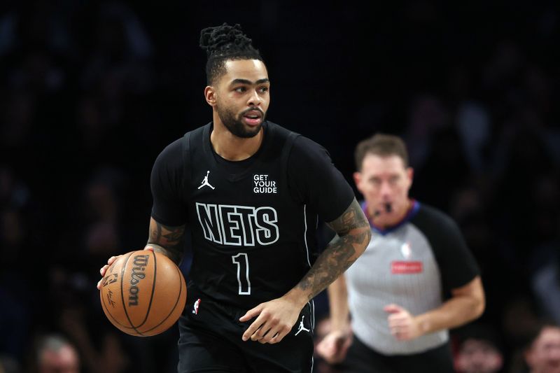 NEW YORK, NEW YORK - FEBRUARY 05: D'Angelo Russell #1 of the Brooklyn Nets in action during the first half against the Washington Wizards at Barclays Center on February 05, 2025 in the Brooklyn borough of New York City. NOTE TO USER: User expressly acknowledges and agrees that, by downloading and or using this photograph, User is consenting to the terms and conditions of the Getty Images License Agreement. (Photo by Sarah Stier/Getty Images)