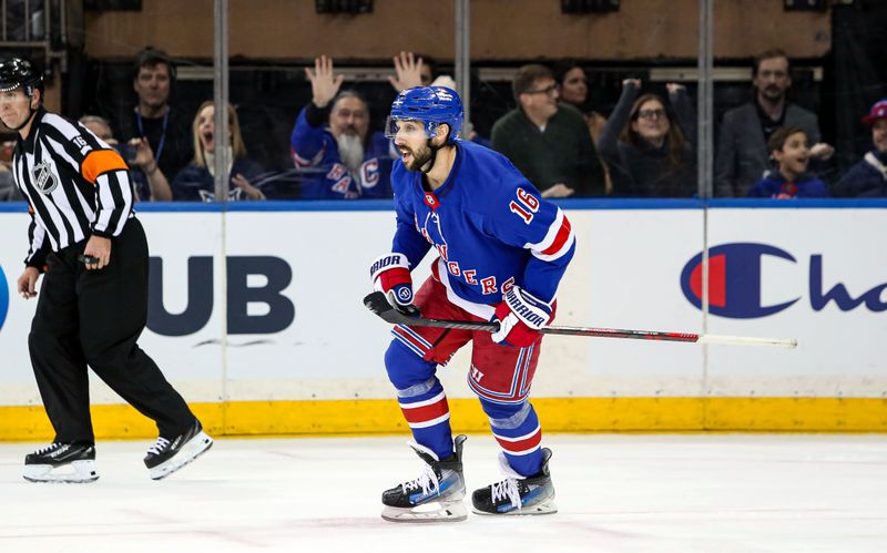 Jan 18, 2025; New York, New York, USA; New York Rangers center Vincent Trocheck (16) celebrates his game-winning goal on Columbus Blue Jackets goalie Daniil Tarasov (40) in a shootout at Madison Square Garden. Mandatory Credit: Danny Wild-Imagn Images