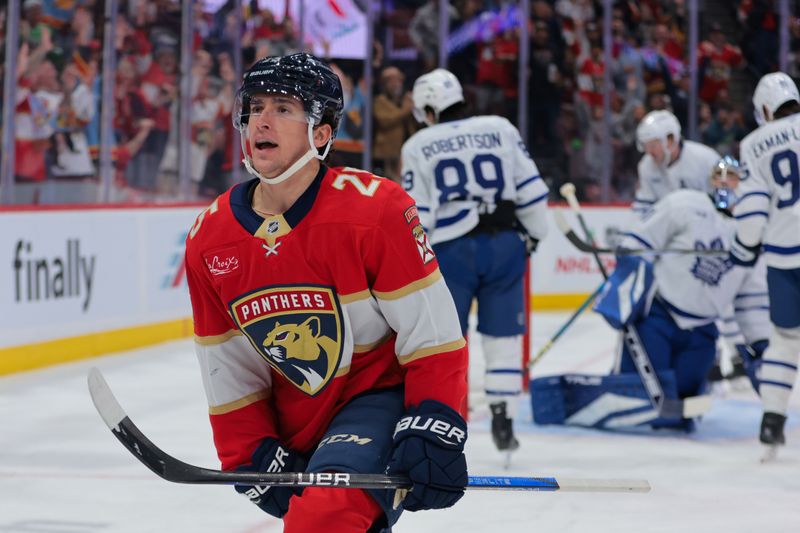 Nov 27, 2024; Sunrise, Florida, USA; Florida Panthers right wing Mackie Samoskevich (25) celebrates after scoring against the Toronto Maple Leafs during the first period at Amerant Bank Arena. Mandatory Credit: Sam Navarro-Imagn Images