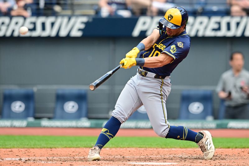 May 14, 2025; Cleveland, Ohio, USA; Milwaukee Brewers right fielder Sal Frelick (10) hits a home run during the fifth inning against the Cleveland Guardians at Progressive Field. Mandatory Credit: Ken Blaze-Imagn Images