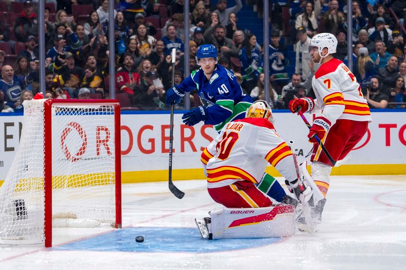 Nov 12, 2024; Vancouver, British Columbia, CAN; Calgary Flames goalie Dan Vladar (80) and defenseman Kevin Bahl (7) react as Vancouver Canucks forward Elias Pettersson (40) celebrates his goal during the second period at Rogers Arena. Mandatory Credit: Bob Frid-Imagn Images