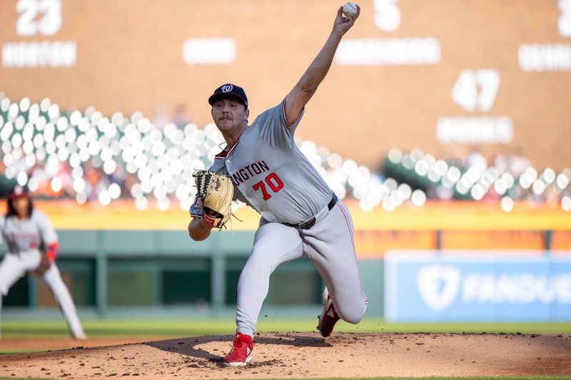 Jun 11, 2024; Detroit, Michigan, USA; Washington Nationals starting pitcher Mitchell Parker (70) delivers in the first inning against the Detroit Tigers at Comerica Park. Mandatory Credit: David Reginek-USA TODAY Sports