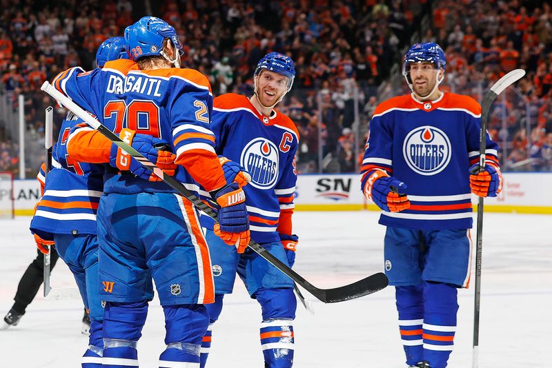 Mar 13, 2024; Edmonton, Alberta, CAN; The Edmonton Oilers celebrate a goal scored by forward Leon Draisaitl (29) during the first period against the Washington Capitals at Rogers Place. Mandatory Credit: Perry Nelson-USA TODAY Sports