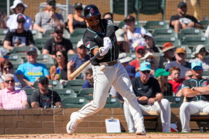 Mar 11, 2024; Salt River Pima-Maricopa, Arizona, USA; Arizona Diamondbacks catcher Gabriel Moreno (14) hits against the Oakland Athletics in the first inning at Salt River Fields at Talking Stick. Mandatory Credit: Rick Scuteri-USA TODAY Sports