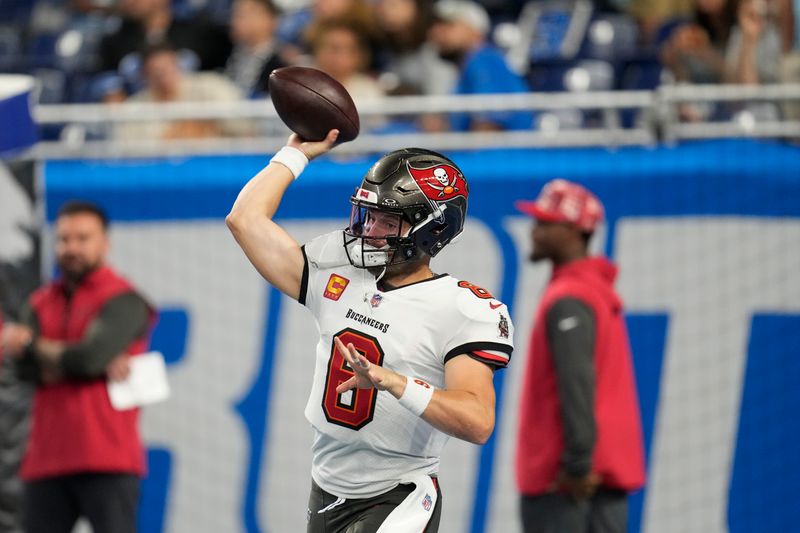 Tampa Bay Buccaneers quarterback Baker Mayfield throws during pregame of an NFL football game against the Detroit Lions, Sunday, Sept. 15, 2024, in Detroit. (AP Photo/Paul Sancya)