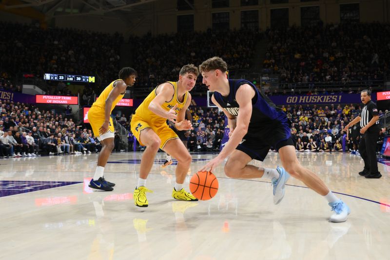 Jan 14, 2026; Seattle, Washington, USA; Washington Huskies forward Hannes Steinbach (6) dribbles towards the basket while guarded by Michigan Wolverines forward Will Tschetter (42) during the first half at Alaska Airlines Arena at Hec Edmundson Pavilion. Mandatory Credit: Steven Bisig-Imagn Images