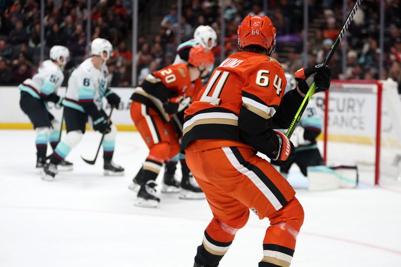 Dec 22, 2025; Anaheim, California, USA;  Anaheim Ducks center Mikael Granlund (64) scores a goal during the second period against the Seattle Kraken at Honda Center. Mandatory Credit: Kiyoshi Mio-Imagn Images