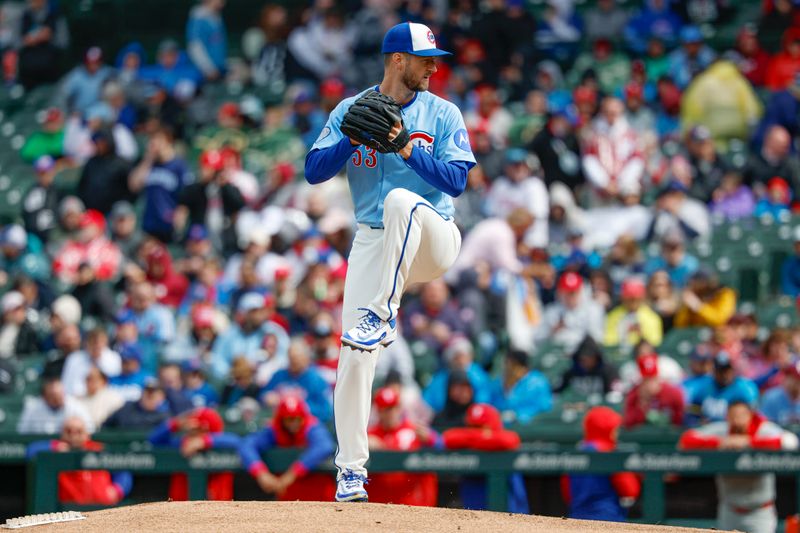 Apr 25, 2025; Chicago, Illinois, USA;  Chicago Cubs starting pitcher Colin Rea (53) delivers a pitch against the Philadelphia Phillies during the first inning at Wrigley Field. Mandatory Credit: Kamil Krzaczynski-Imagn Images
