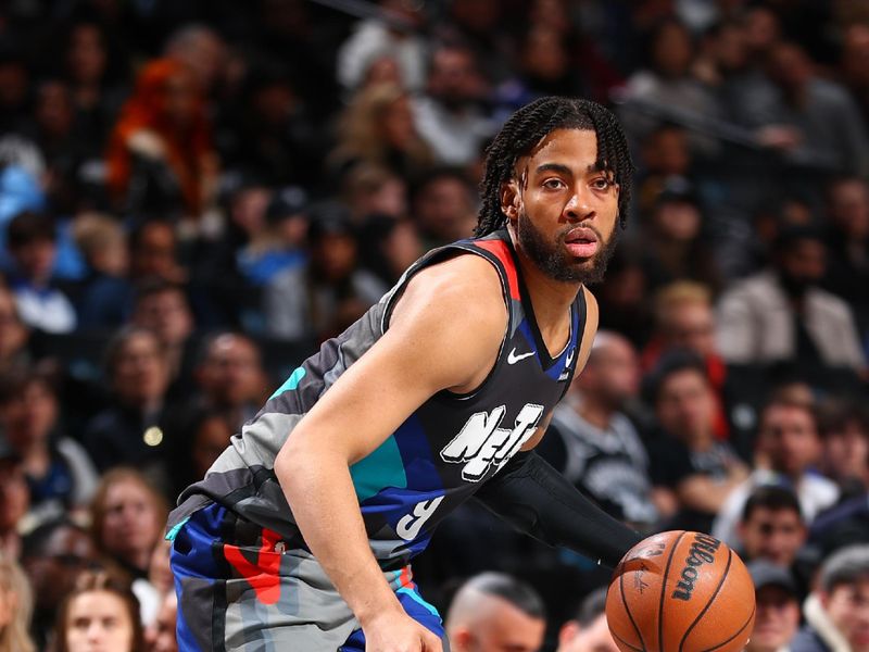 BROOKLYN, NY - APRIL 3: Trendon Watford #9 of the Brooklyn Nets dribbles the ball during the game against the Indiana Pacers on April 3, 2024 at Barclays Center in Brooklyn, New York. NOTE TO USER: User expressly acknowledges and agrees that, by downloading and or using this Photograph, user is consenting to the terms and conditions of the Getty Images License Agreement. Mandatory Copyright Notice: Copyright 2024 NBAE (Photo by David L. Nemec/NBAE via Getty Images)