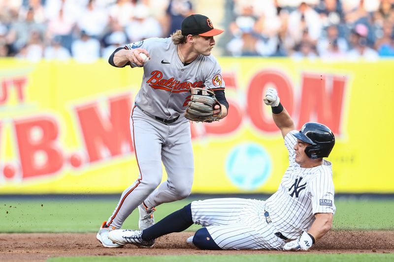 Jun 19, 2024; Bronx, New York, USA;  Baltimore Orioles shortstop Gunnar Henderson (2) throws past New York Yankees shortstop Anthony Volpe (11) while attempting to complete a double play in the first inning at Yankee Stadium. Mandatory Credit: Wendell Cruz-USA TODAY Sports