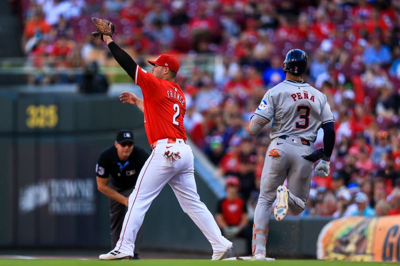 Sep 2, 2024; Cincinnati, Ohio, USA; Cincinnati Reds first baseman Ty France (2) tags first to get Houston Astros shortstop Jeremy Pena (3) out in the sixth inning at Great American Ball Park. Mandatory Credit: Katie Stratman-USA TODAY Sports