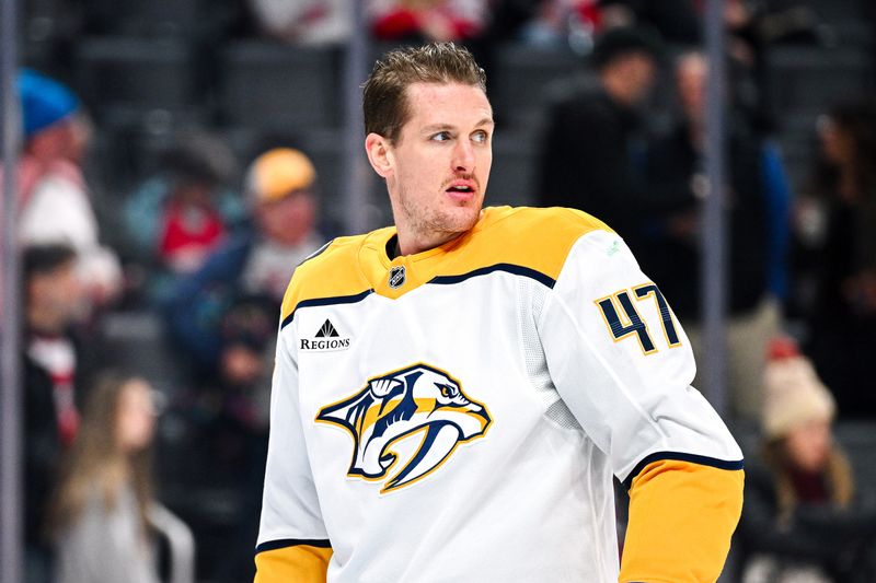 Nov 26, 2025; Detroit, Michigan, USA; Nashville Predators right wing Michael McCarron (47) before the game against the Detroit Red Wings at Little Caesars Arena. Mandatory Credit: Tim Fuller-Imagn Images