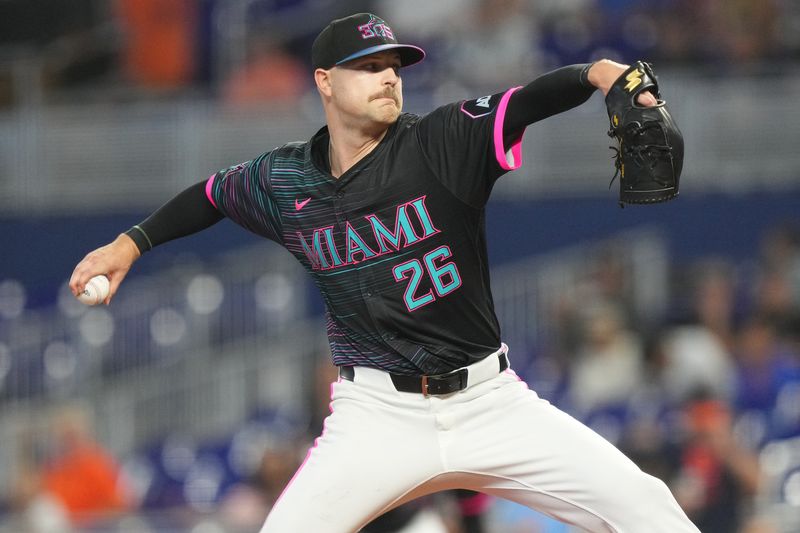Sep 13, 2025; Miami, Florida, USA;  Miami Marlins starting pitcher Janson Junk (26) pitches in the first inning against the Detroit Tigers at loanDepot Park. Mandatory Credit: Jim Rassol-Imagn Images