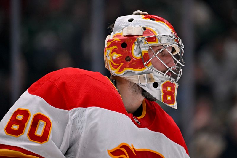Mar 6, 2025; Dallas, Texas, USA; Calgary Flames goaltender Dan Vladar (80) prepares to face the Dallas Stars during the second period at the American Airlines Center. Mandatory Credit: Jerome Miron-Imagn Images